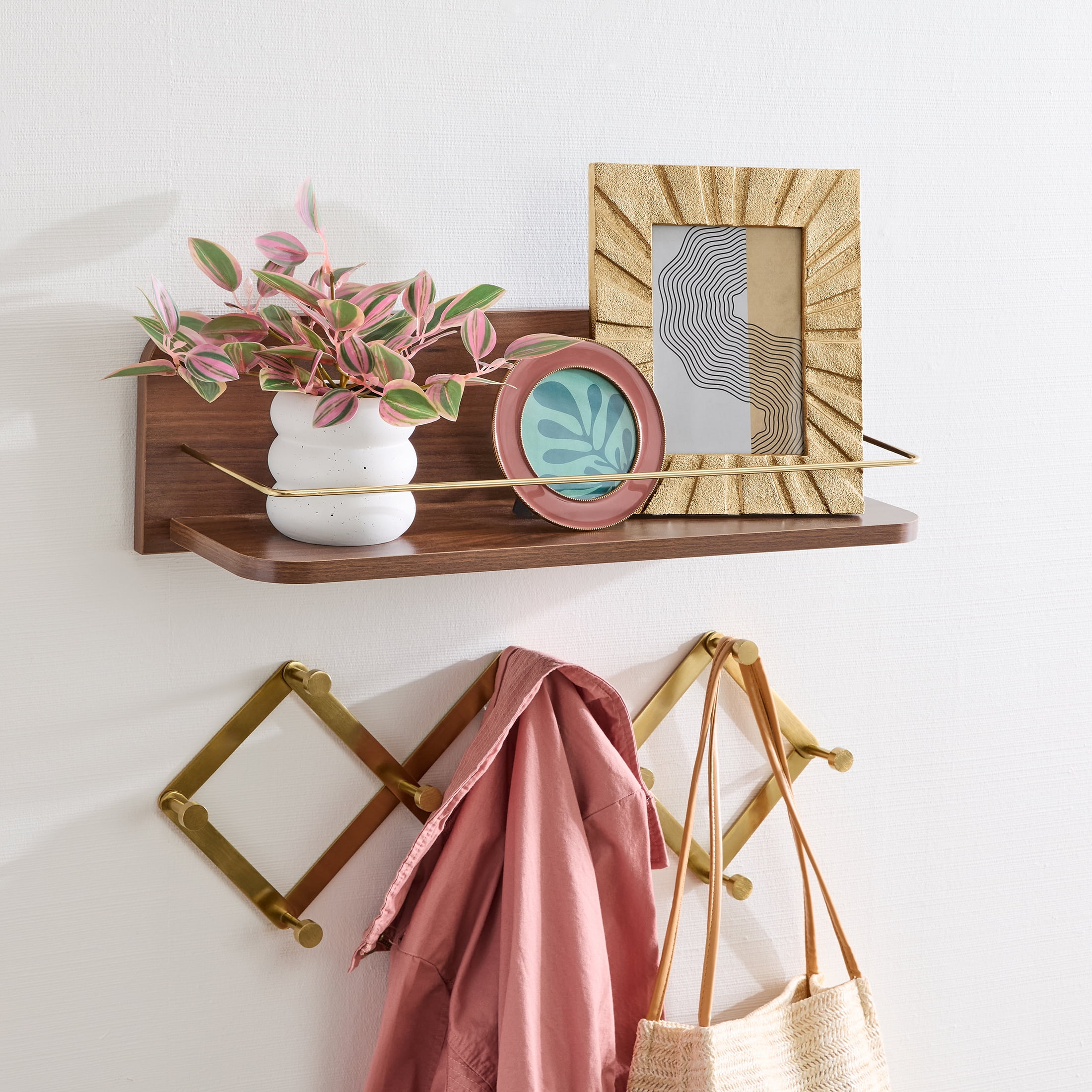 Better Homes & Gardens 23 inch Walnut Shelf with Gold Metal Rail