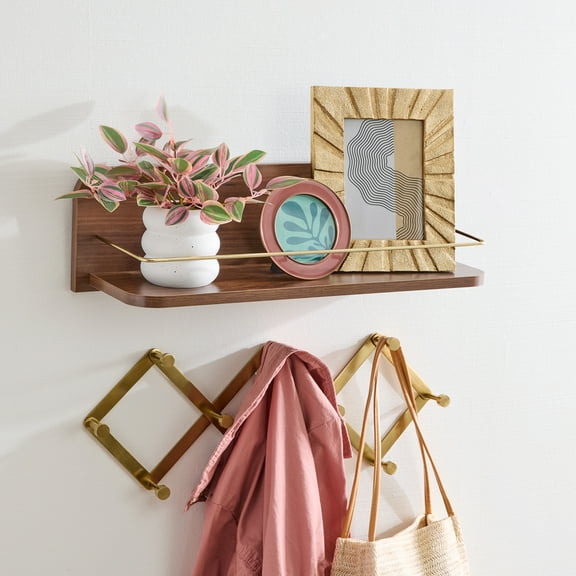 Better Homes & Gardens 23 inch Walnut Shelf with Gold Metal Rail