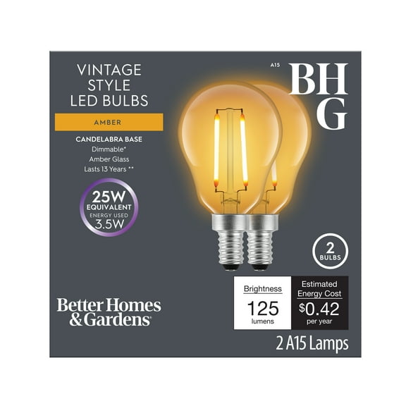 BHG 25W A15 Vintage LED Light Bulbs, Amber, Candelabra Base, 2 Pack