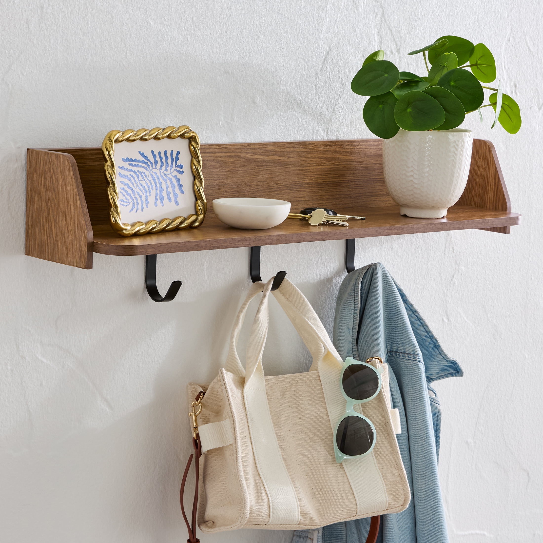Better Homes & Gardens 28” Shelf with Black Metal Hooks-Natural - Walmart.com