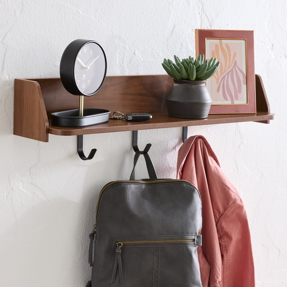 Better Homes & Gardens 28” Walnut Shelf with Black Metal Hooks