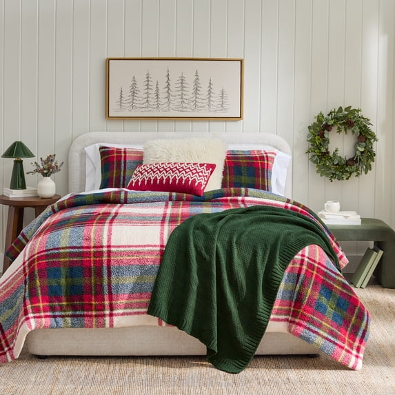 Better Homes & Gardens King Comforter Set, All-Season, 3-Piece, Holiday Plaid Cozy Knit