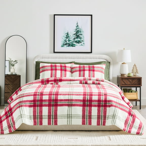 Better Homes & Gardens Printed Cozy Knit and Microfiber 3-piece Comforter Set, King Size, Holiday Plaid