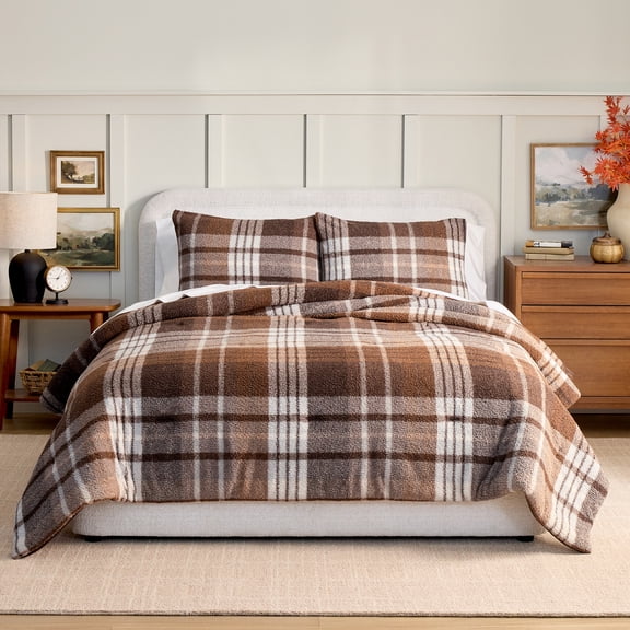 Better Homes & Gardens 3-Piece Brown Plaid Cozy Knit Comforter Set, Full/Queen