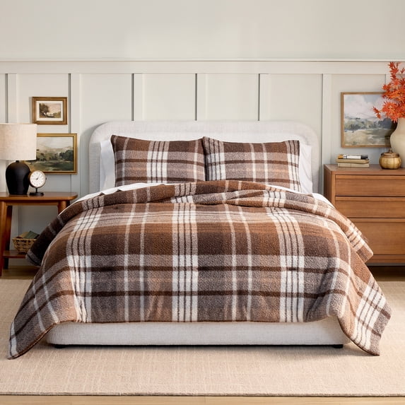Better Homes & Gardens 3-Piece Brown Plaid Cozy Knit Comforter Set, Full/Queen