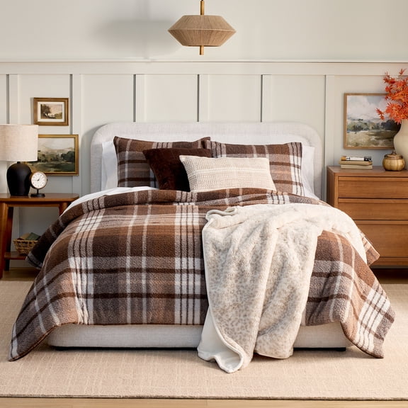 Better Homes & Gardens 3-Piece Brown Plaid Cozy Knit Comforter Set, King
