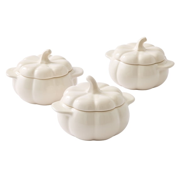 Better Homes & Gardens 8 oz Cream Figural Pumpkin Stoneware Cocotte with Lid, Set of 3