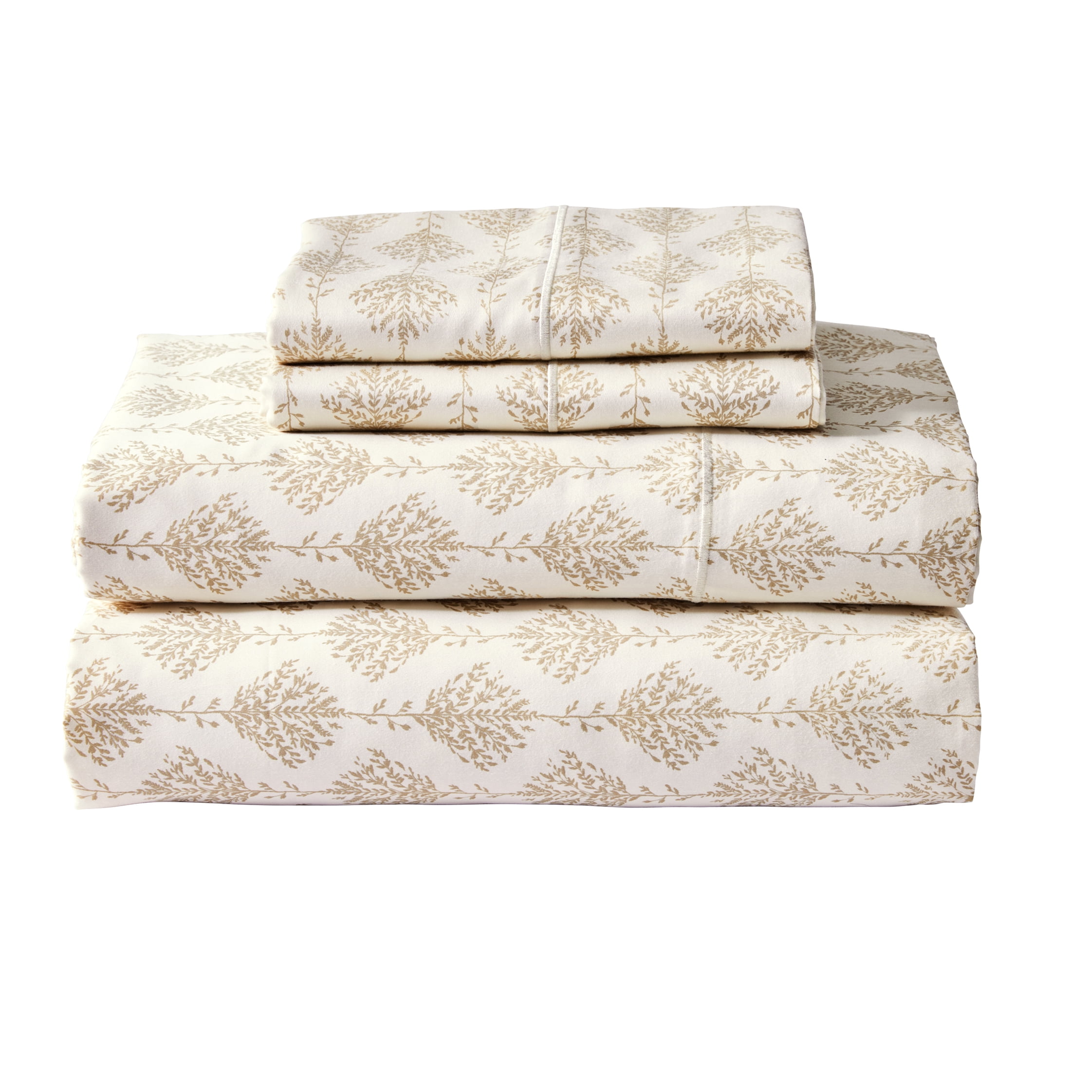 Better Homes & Gardens 4-Piece 100% Cotton 400 Thread Count Botanical Stripe Almond Biscuit Performance Sheet Set, Queen