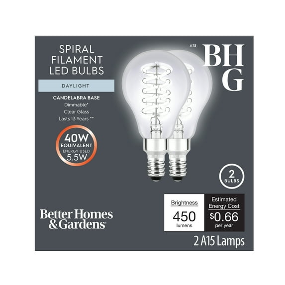 BHG 40W A15 LED Light Bulb, Spiral, Daylight, Vintage, Candelabra Base, 2 Pack
