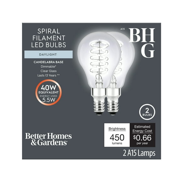 BHG 40W A15 LED Light Bulb, Spiral, Daylight, Vintage, Candelabra Base, 2 Pack