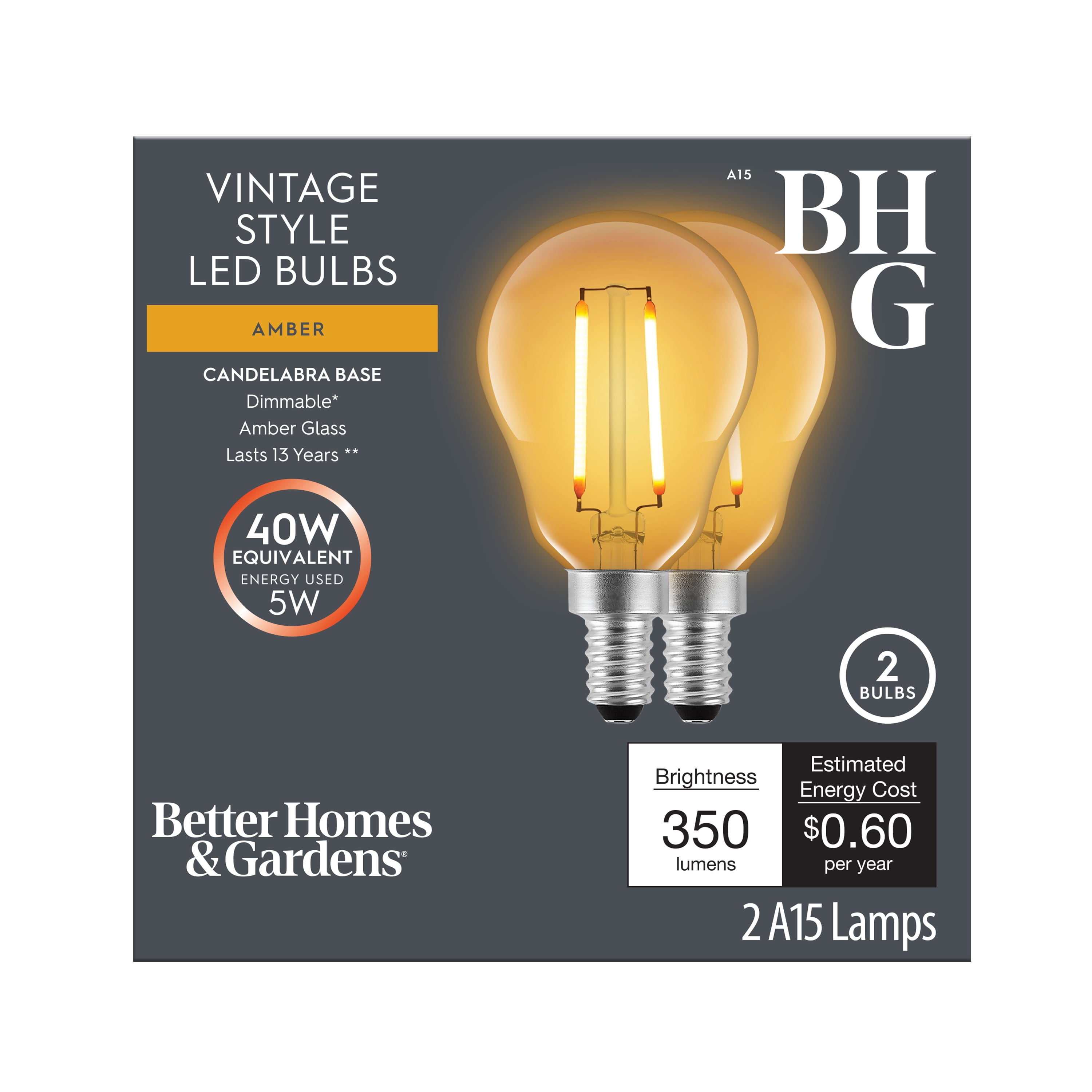 BHG LED 5W (40W Equivalent) A15 Vintage LED Light Bulb, Amber, Candelabra Base, Dimmable, 2 Pack