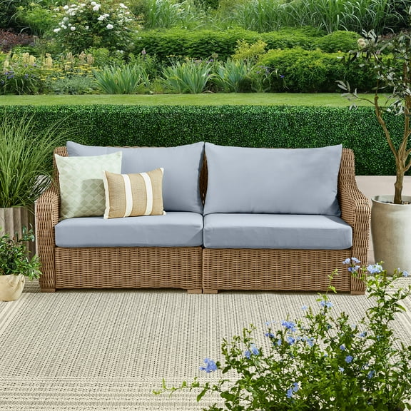Better Homes & Gardens Bellamy Outdoor 1pc Sofa, Tan Wicker/Blue Cushion