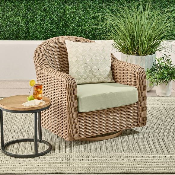 Better Homes & Gardens Bellamy Outdoor 1pk Swivel Glider Chair, Tan Wicker/Green Cushion