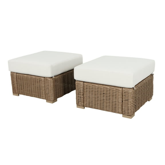 Better Homes & Gardens Bellamy Outdoor 2pk Ottomans, Natural Wicker/Cream Cushion