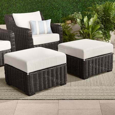 Better Homes & Gardens Bellamy Outdoor 2pk Ottomans, Dark Brown Wicker/Cream Cushion