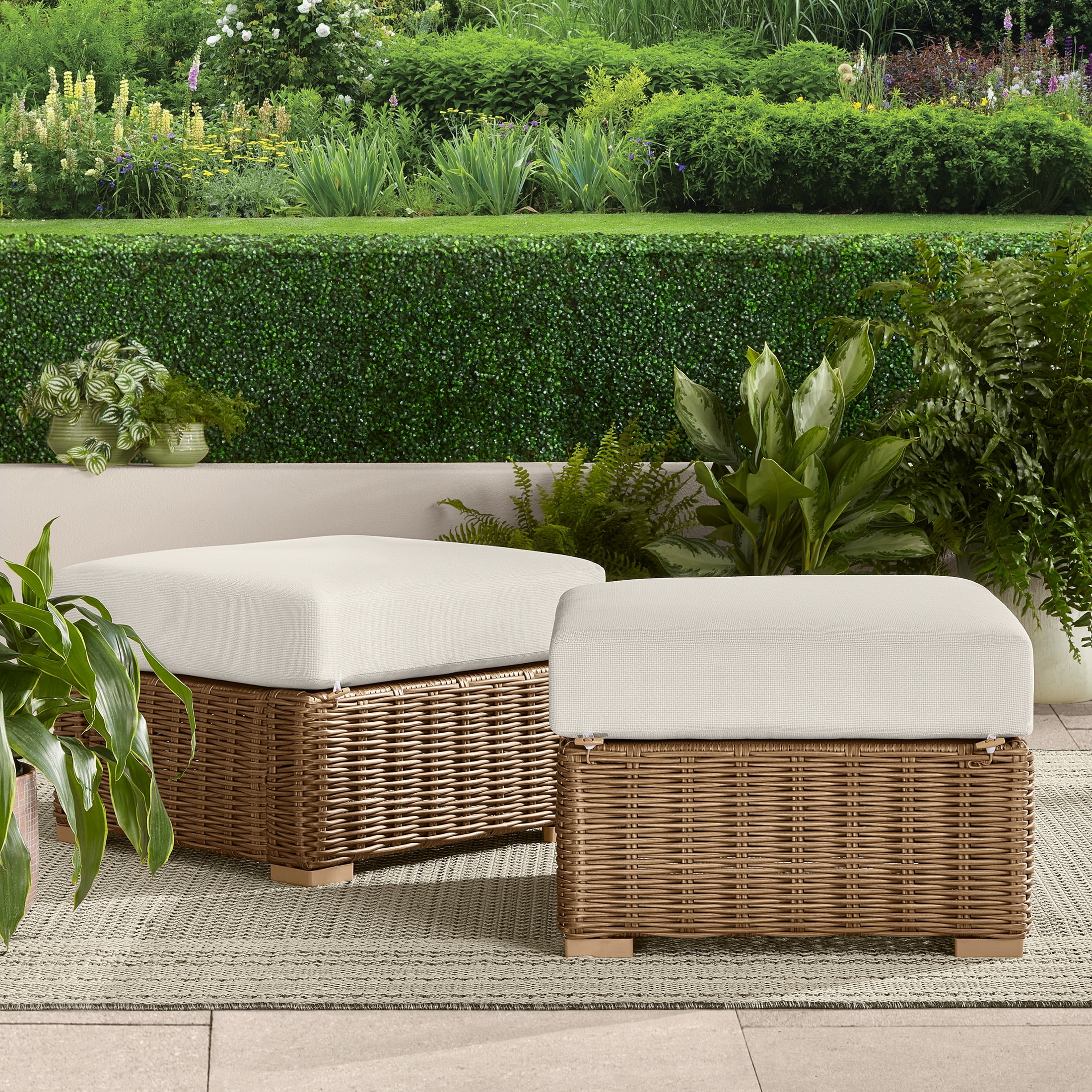Better Homes & Gardens Bellamy Outdoor 2pk Ottomans, Natural Wicker/Cream Cushion