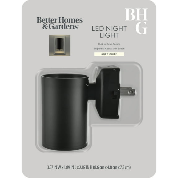 Better Homes & Gardens 2.87" Black LED Night Light, Soft White, Dusk to Dawn, Dual-Lumen Switch Select