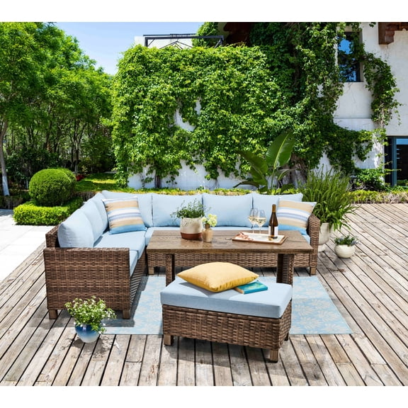 Better Homes & Gardens Brookbury 4-Piece Outdoor Wicker Patio Sectional Dining Set, Blue Cushions