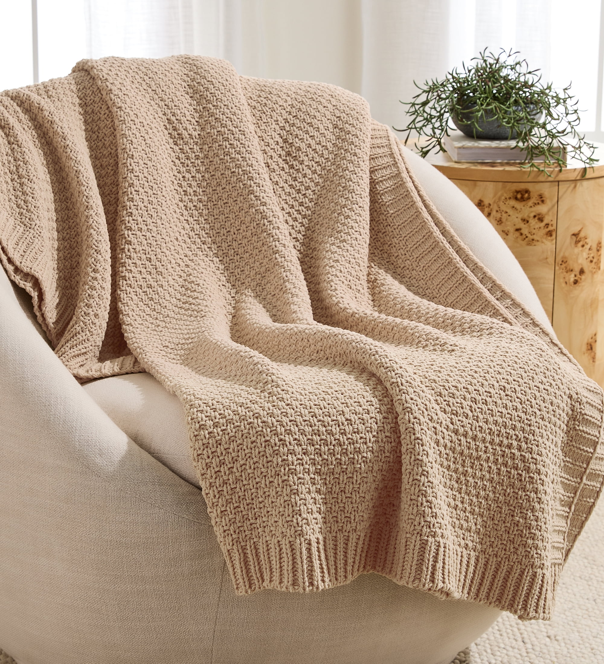 Better Homes & Gardens Chenille Knit Super Soft Oversized Throw Blanket, Almond Biscuit