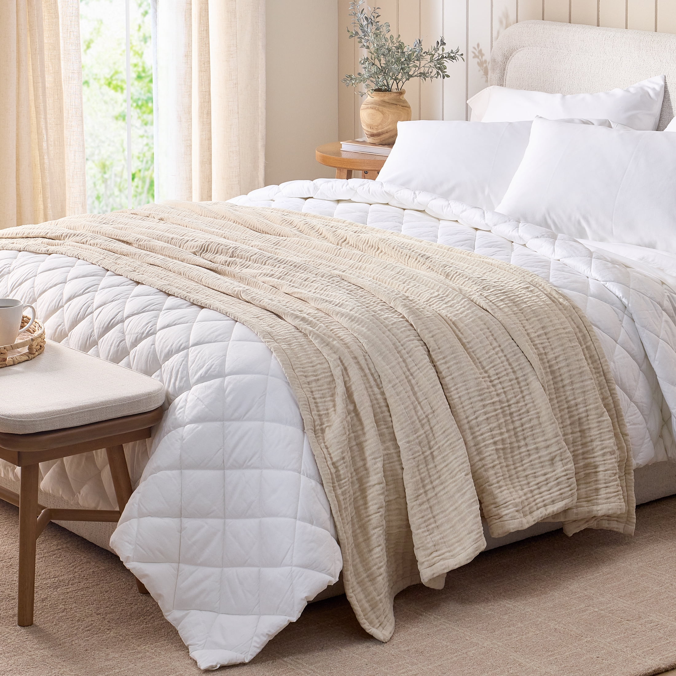 Better Homes & Gardens Chenille Gauze Bed Blanket, Papyrus Beige, Full/Queen, 90 in x 96 in