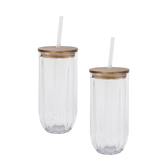 Better Homes & Gardens 2-Piece Clear Ribbed Tritan Sipper Tumbler Set with Acacia Wood Lids and Straws