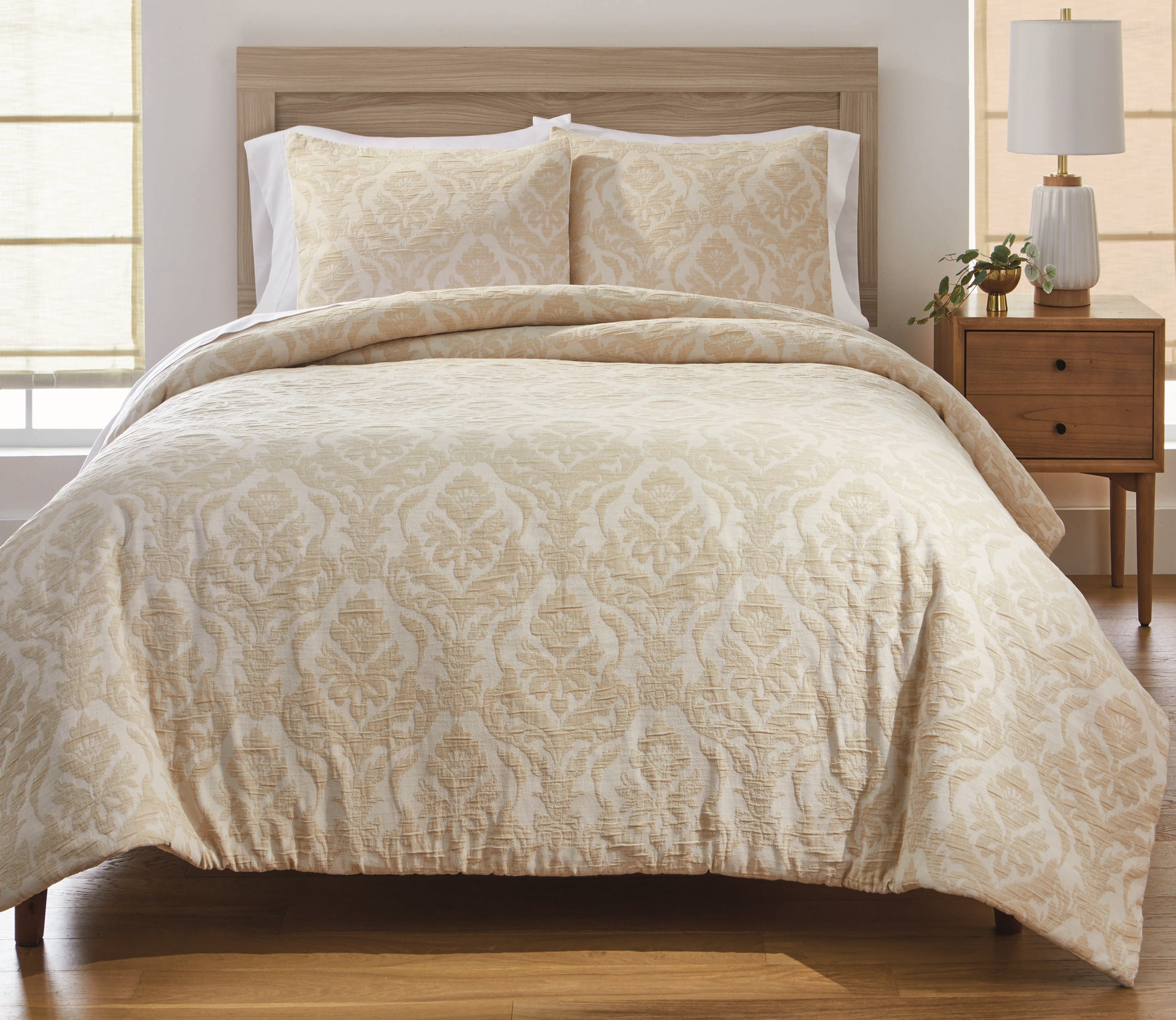 Better Homes & Gardens Woven Damask 3-Piece Comforter Set, Beige, Full Queen, All Ages