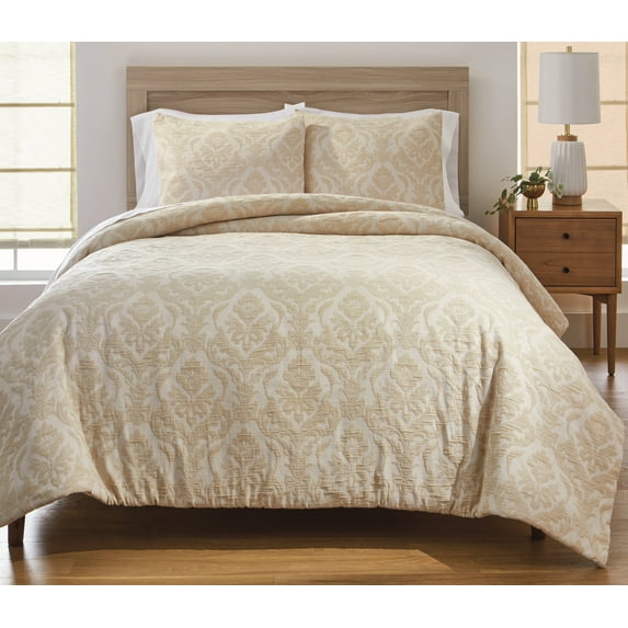 Better Homes & Gardens Woven Damask 3-Piece Comforter Set, Beige, Full Queen, All Ages