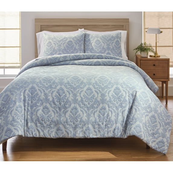 Better Homes & Gardens Woven Damask 3-Piece Comforter Set, Blue/Silver, King, All Ages