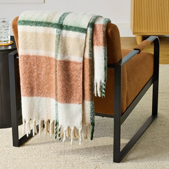 Better Homes & Gardens Faux Mohair Cozy Couch Throw Blanket Ivory Plaid, 50x72"