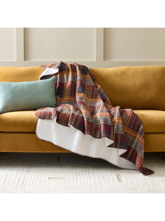 Crimson Plaid Faux Wool Reverse to Faux Fur Throw, 50" x 72"