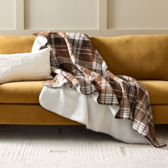 Better Homes & Gardens Brown Plaid Faux Wool Reverse to Faux Fur Oversized Throw, 50" x 72"