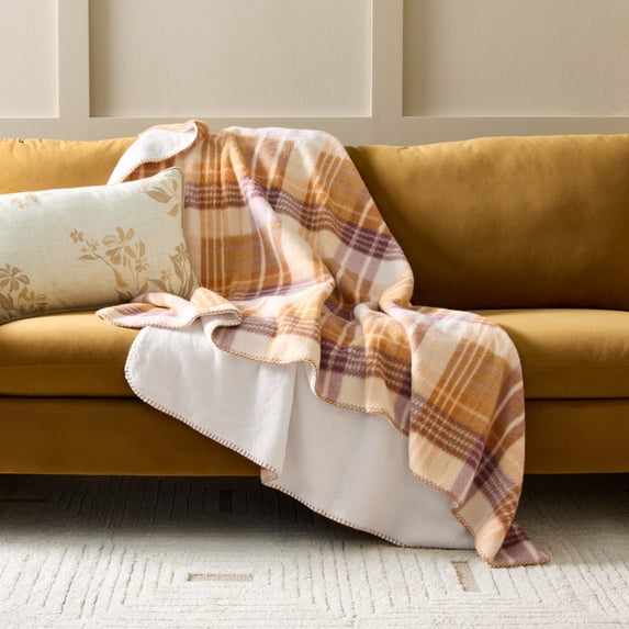 Better Homes & Gardens Plaid Reversible Faux Wool to Faux Fur Oversized Couch Throw Blanket, Almond, 50 x 72 in