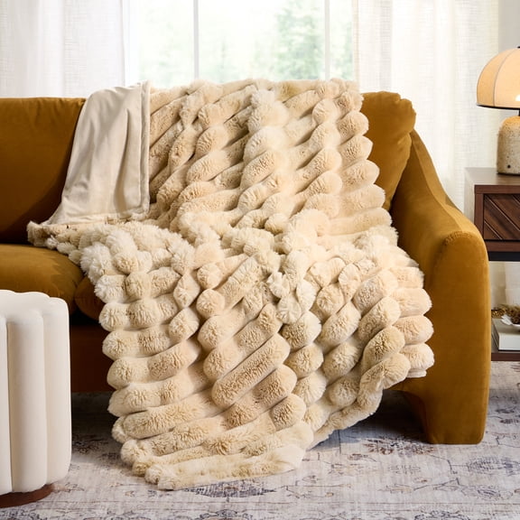 Better Homes & Gardens Beige Marbled Exaggerated Channel Faux Fur Oversized Throw, 50" x 72"