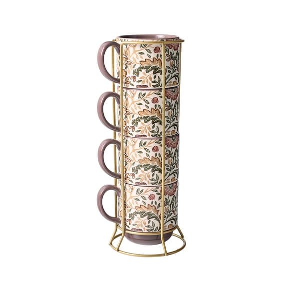 Better Homes & Gardens Edith Vine Floral 14 oz Stoneware Stacking Mugs with Metal Storage Rack, 5-Piece Set