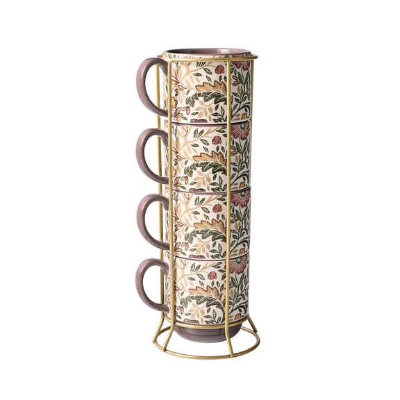Better Homes & Gardens Edith Vine Floral 14 oz Stoneware Stacking Mugs with Metal Storage Rack, 5-Piece Set