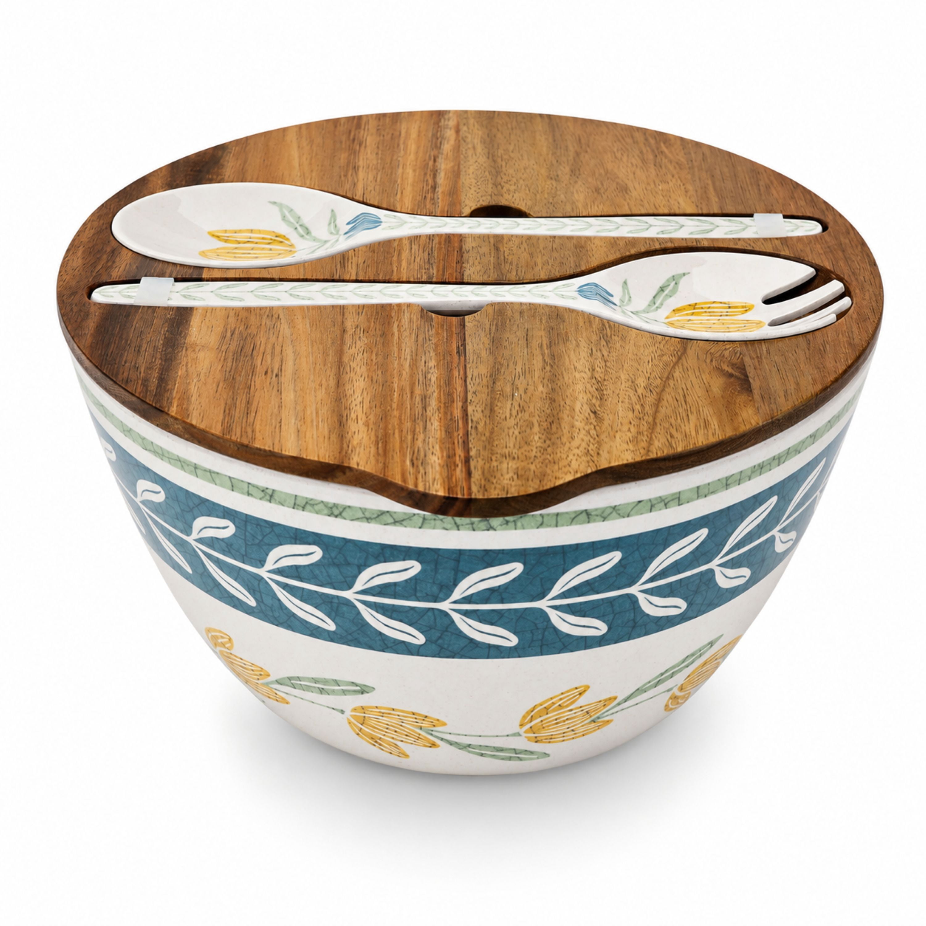 Better Homes & Gardens 4-Piece Green Floral Reusable Bamboo Melamine Plastic Salad Serving Set with Acacia Wood Lid and Utensils