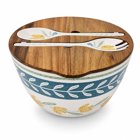 Better Homes & Gardens 4-Piece Green Floral Reusable Bamboo Melamine Plastic Salad Serving Set with Acacia Wood Lid and Utensils