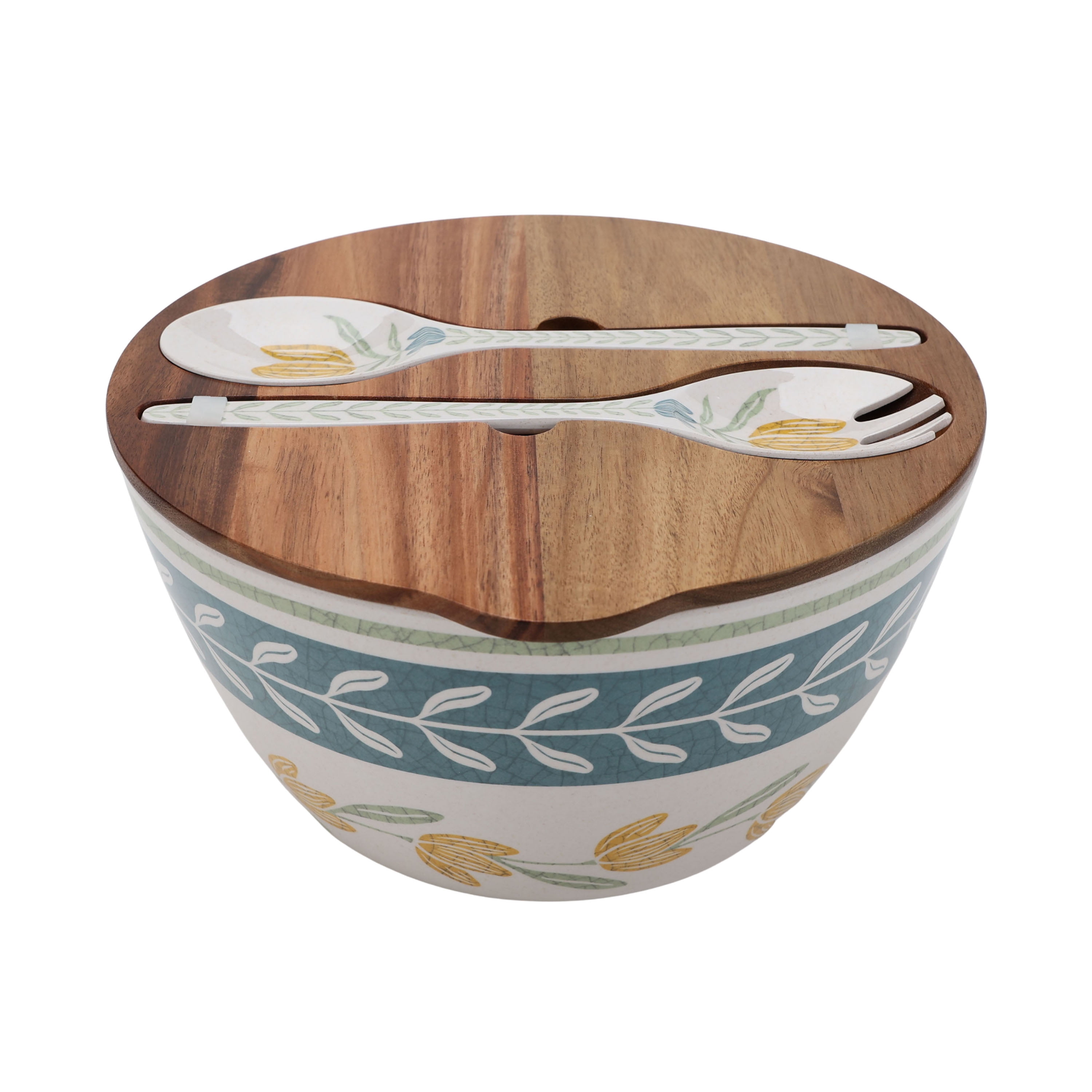 Better Homes and Gardens Bamboo Melamine Floral Salad Bowl Set with Acacia Lid and Utensils