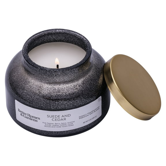 Better Homes & Gardens 1-Wick Holiday Scented Glitter Jar Candle, Suede and Cedar, 12oz.