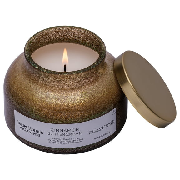 Better Homes & Gardens 1-Wick Holiday Scented Glitter Jar Candle, Cinnamon Buttercream, 12oz.