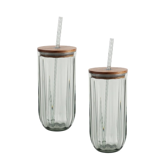 Better Homes & Gardens 2-Piece Green Ribbed Tritan Sipper Tumbler Set with Acacia Wood Lids and Straws