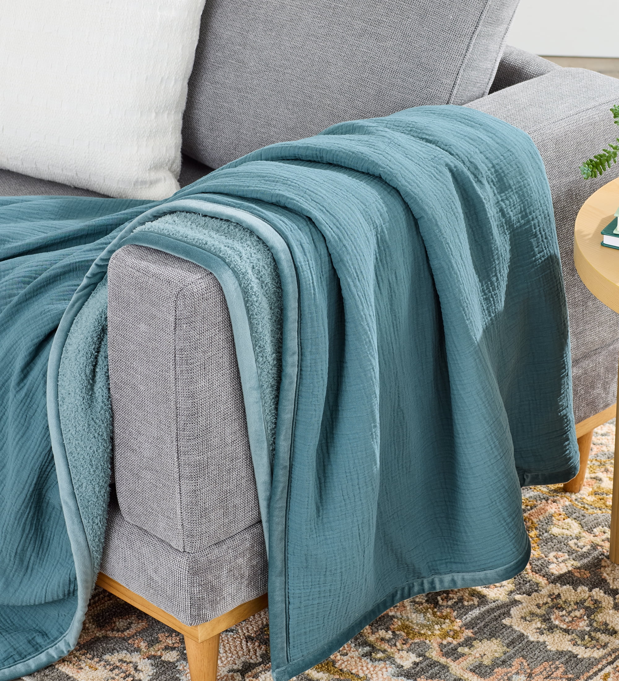 Better Homes & Gardens Gauze Reverse to Cozy Knit Super Soft Throw Blanket, Oversized, Nimbus Blue