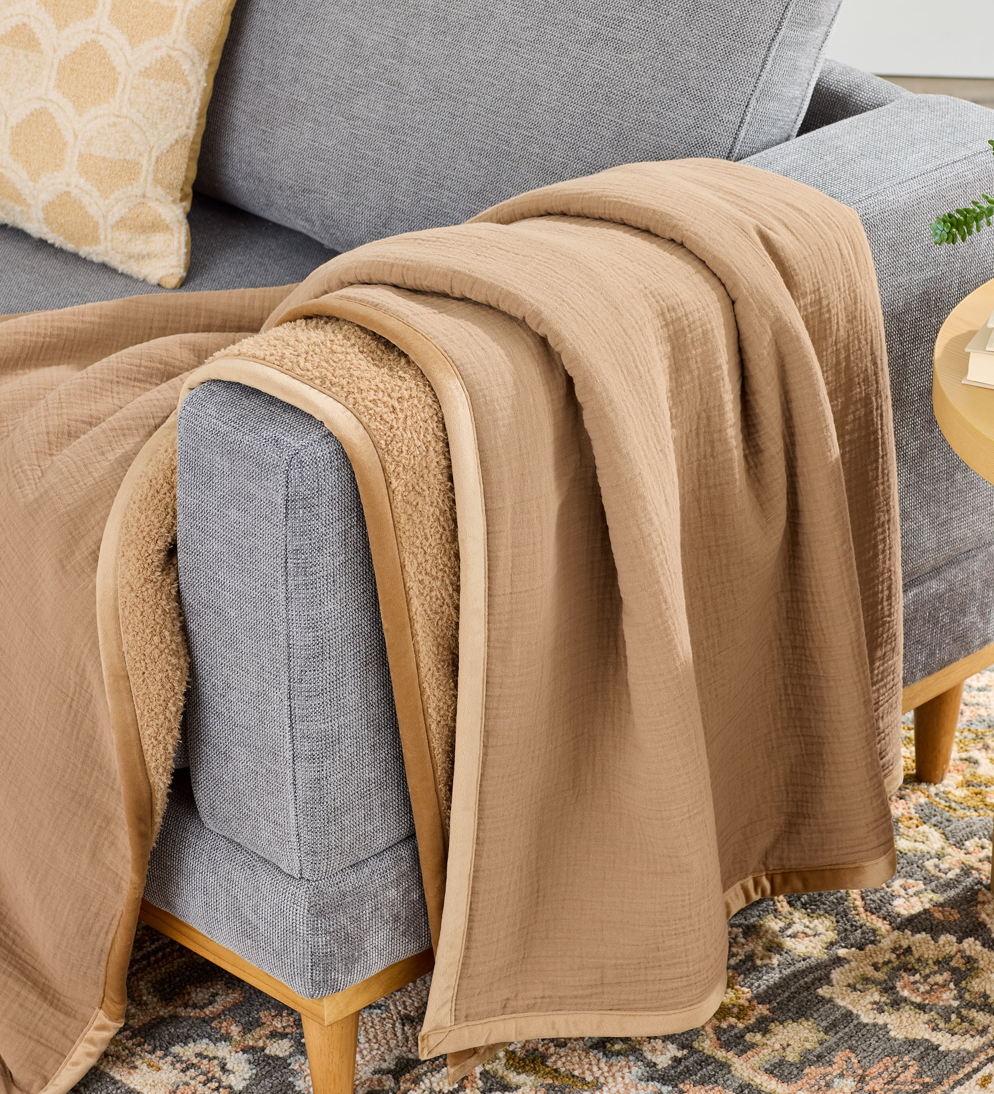 Better Homes & Gardens Gauze Reverse to Cozy Knit Super Soft Throw Blanket, Oversized, Dark Caramel