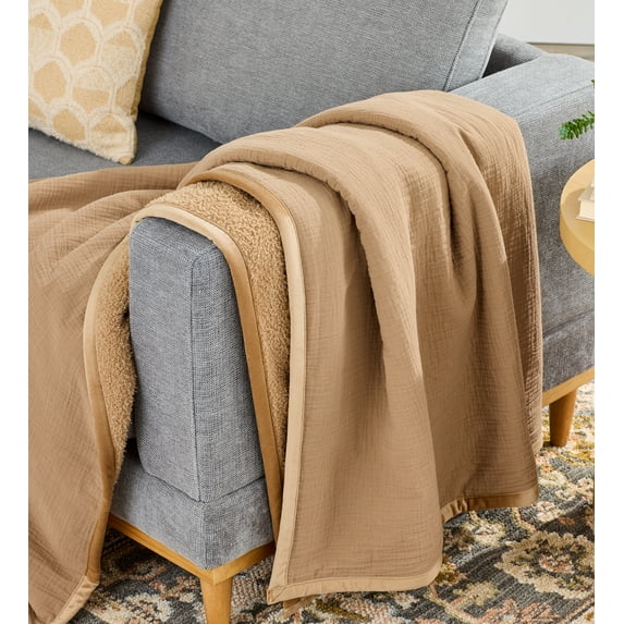 Better Homes & Gardens Gauze Reverse to Cozy Knit Super Soft Throw Blanket, Oversized, Dark Caramel
