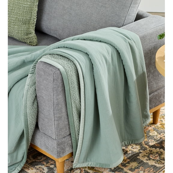 Better Homes & Gardens Gauze Reverse to Cozy Knit Super Soft Throw Blanket, Oversized, Green River