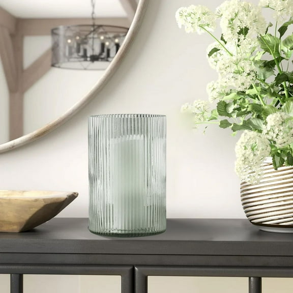 Better Homes & Gardens Green Glass Ribbed Hurricane Candle Holder, 8", Large, Living Room