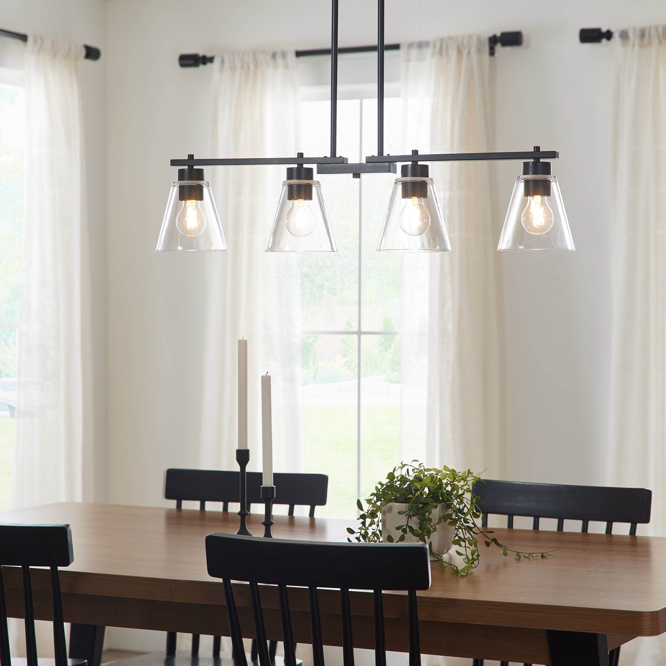 Better Homes & Gardens 34 in 4-Light Linear Chandelier, Matte Black with Clear Glass Shades