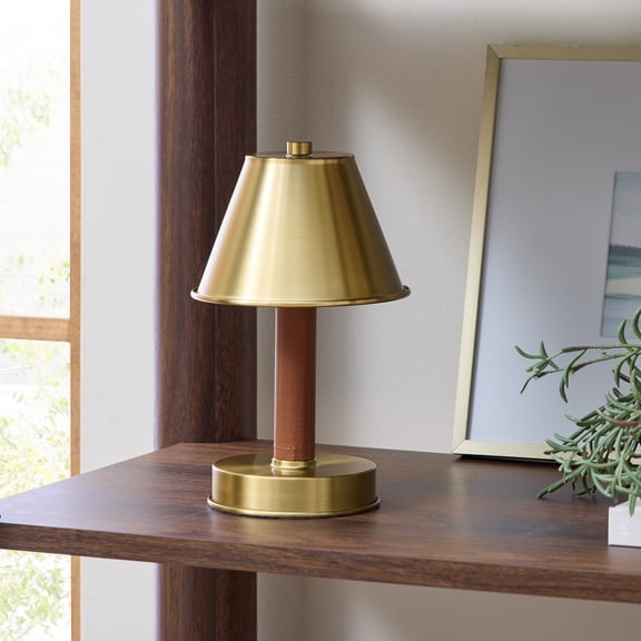 Better Homes & Gardens Noble 9" Leather Wrapped Gold Portable Lamp Touch Switch, 3 Color Temperatures, Dimmable, Faster 5V/2A Charging