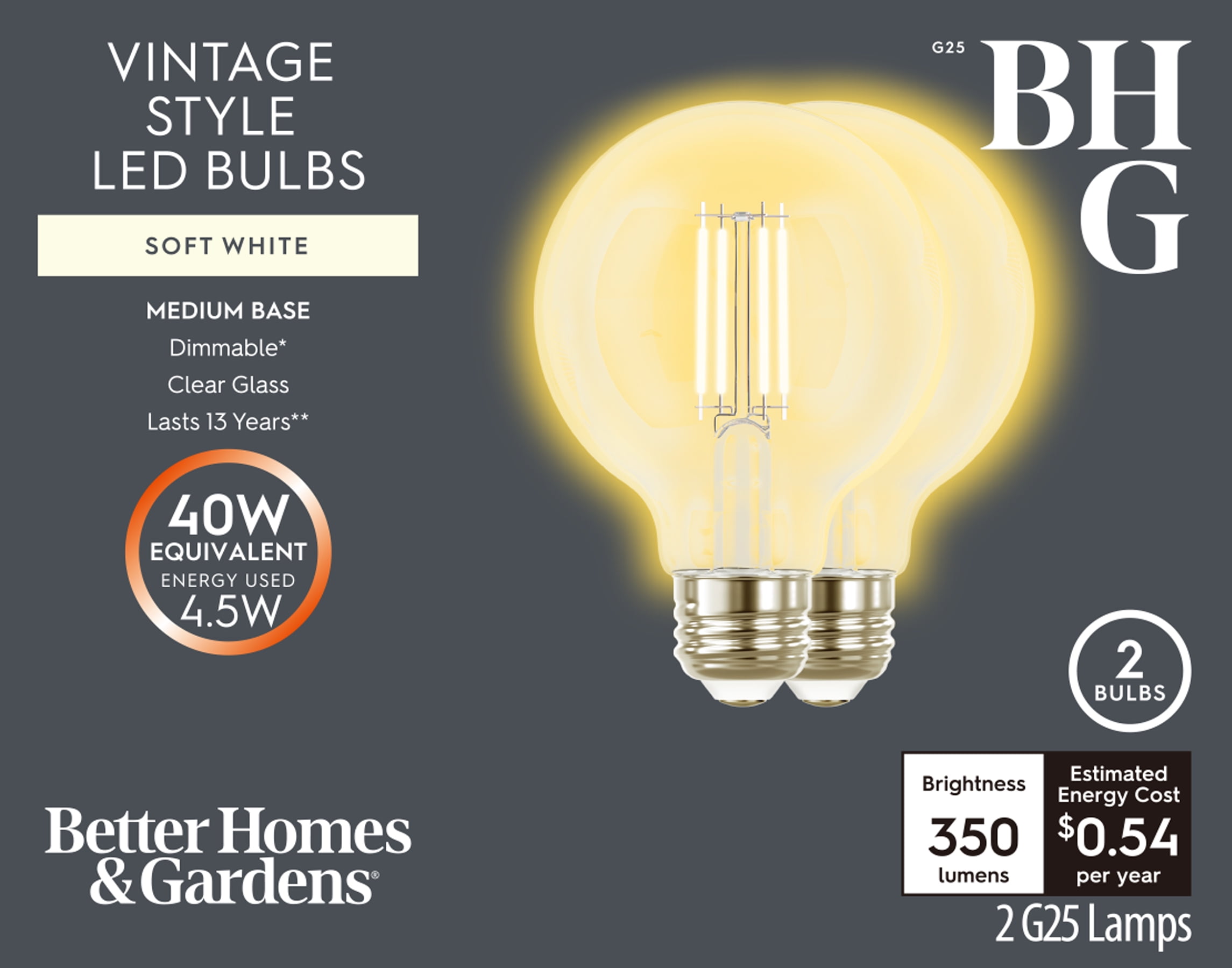 BHG LED Bulb, 4.5-Watt (40W Equivalent) G25 Vintage Style, E26 Base, Dimmable, Soft White, 2-Pack