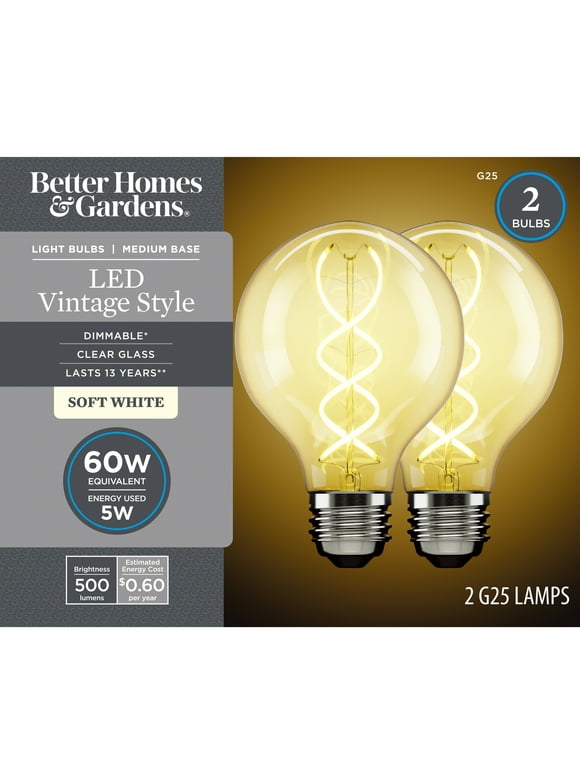 BHG LED Bulb, 5-Watt (60W Equivalent) G25 Vintage Style, E26 Base, Dimmable, Soft White, 2-Pack